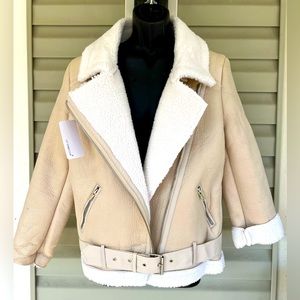 NEW! Ly Varey Lin Marrakech Sherpa Lined Jacket Zip Front Aviator Bomber Women M